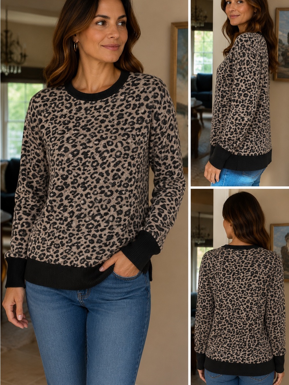 Leopard Print Crewneck Sweater in Grey and Black